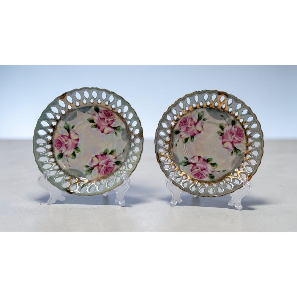 Lusterware Reticulated Plates Set of 2 Hand Painted Roses Gold Trim Japan 6.25"